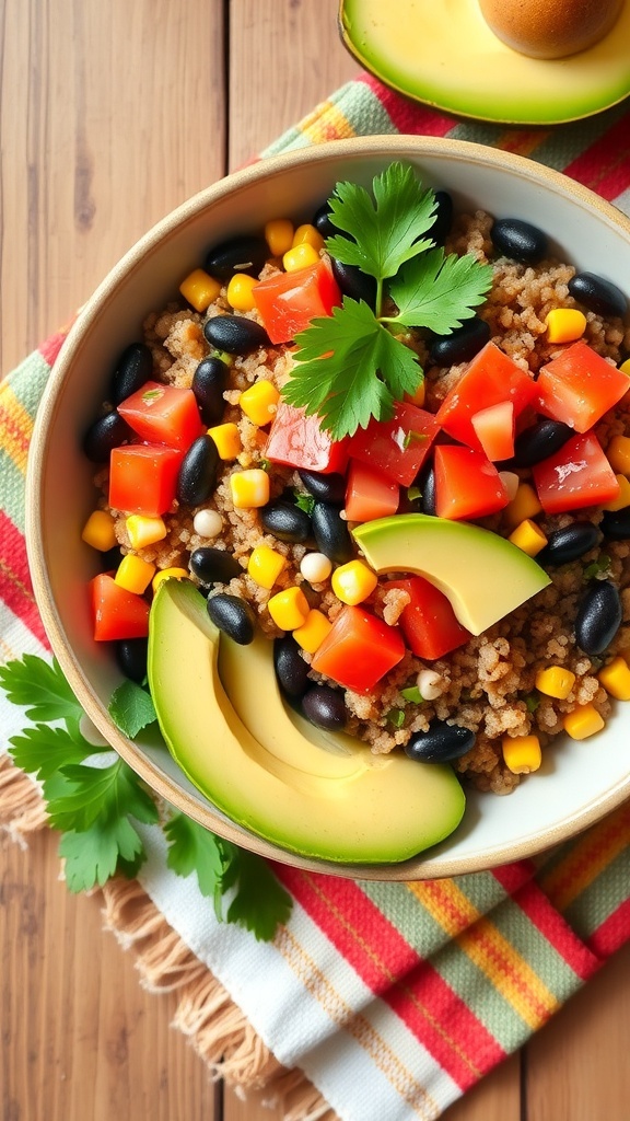 A colorful Mexican quinoa bowl with black beans, corn, tomatoes, and avocado on a wooden table.